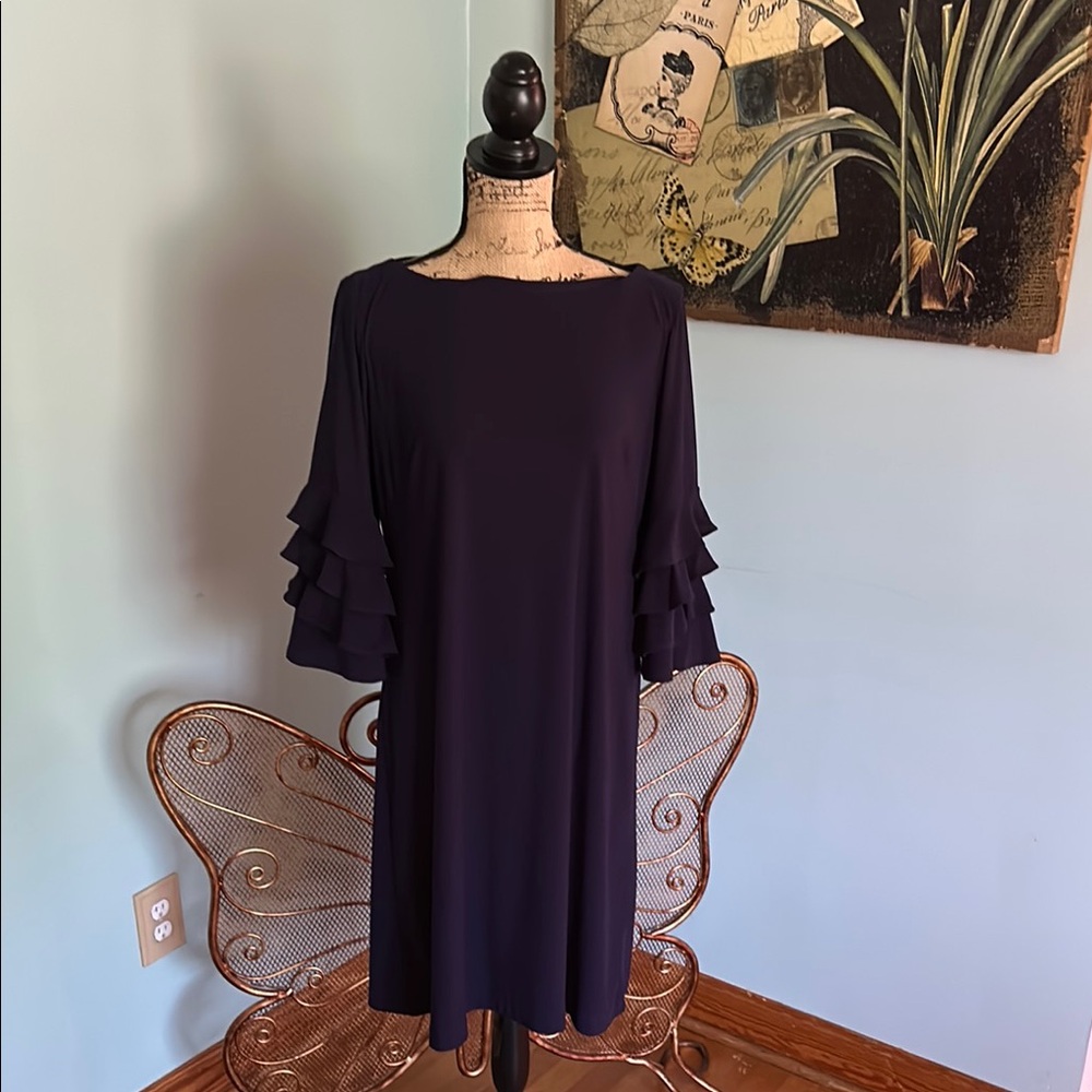 Gabby Skye Navy Sheath Dress with Bell Sleeves size 12 NWT
